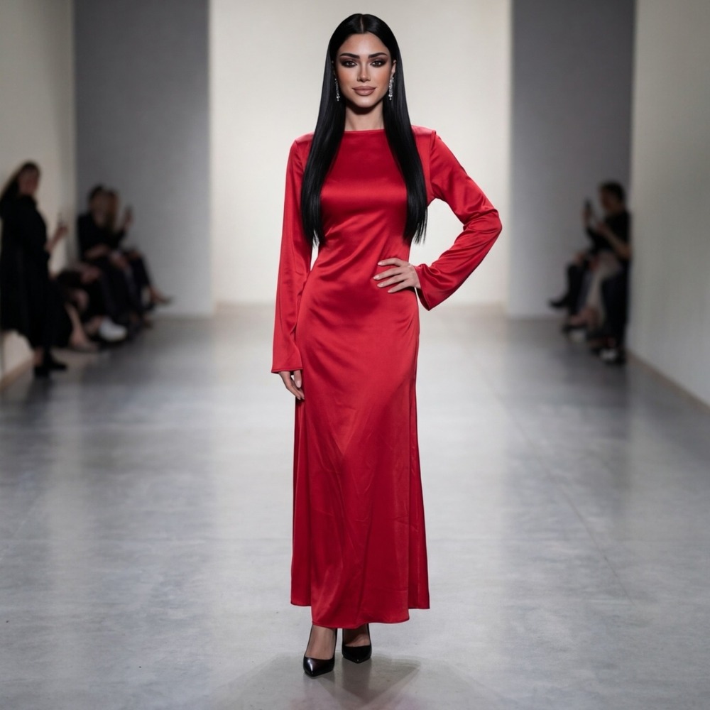 Red Satin Long Sleeve Maxi Dress Lace Up Corset Back Evening Gown Formal